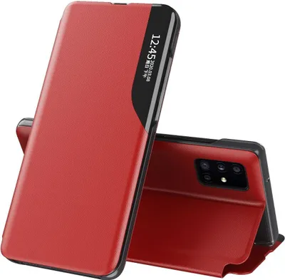 A red flip case for a Samsung Galaxy A52 phone is shown, propped open to reveal the phone's camera array.