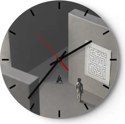 Produktbild von Wanduhr - Rund - Glasuhr - Labyrinth Grau Verloren - 40x40cm - Schleichendes Uhrwerk - Lautlos - zum Aufhängen bereit - Dekoration Modern - Wanddekoration aus Glas - C3AR40x40-5086