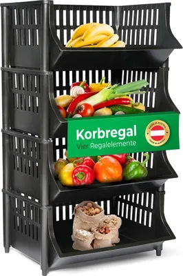 Produktbild von Novaliv 4 Stück Korbregal Schwarz Steckregal Stapelbar & Erweiterbar, Regale für Vorratsraum, Lebensmittelregal, Obstregal Keller Aufbewahrungssystem, Apfelregal, Stapelkorb, Stapelregal Kunststoff