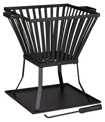 Produktbild von Relaxdays Feuerkorb XL mit Schürhaken, Terrasse u. Garten Feuerschale mit Unterlage, für Holz, HBT 56x56,5x45cm, schwarz