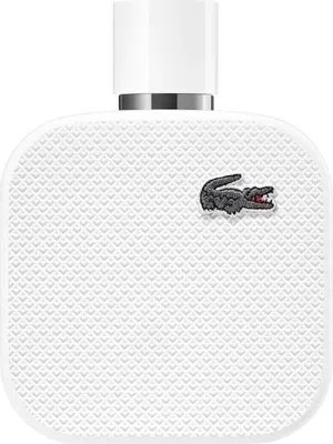 A white bottle of Lacoste L.12.12 Blanc Eau de Parfum for Men.