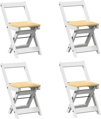 Four white folding chairs with light wood seats are arranged in a grid on a white background.