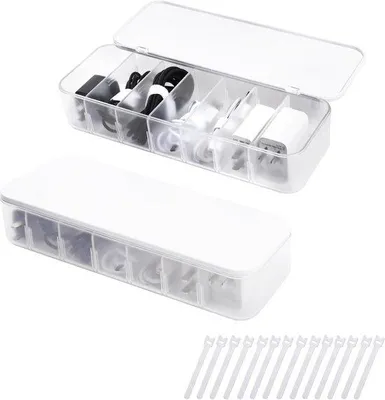 Zdjęcie produktu dla Zestaw 2 pudełek do organizacji kabli, przezroczyste, 7 przegródek, 14 opasek zaciskowych, organizacja biura, białe, 26 x 9 x 5 cm