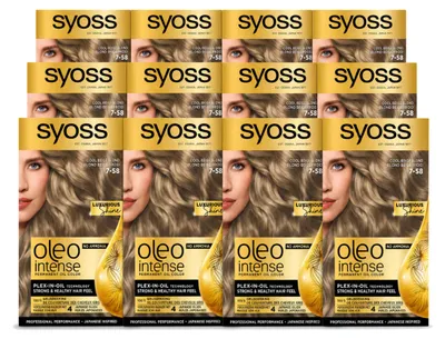 Obrázek produktu pro 12 kusů barvy na vlasy SYOSS Oleo Intense 7-58 Cool Beige Blond, trvalá barva bez amoniaku – výhodný balíček