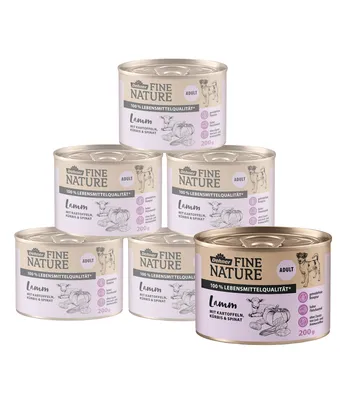 Produktbild von Dehner Fine Nature Hundefutter, Nassfutter getreidefrei / zuckerfrei, für ausgewachsene Hunde, Lamm / Kartoffel, 6 x 200 g Dose (1.2 kg)