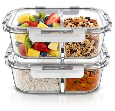 Produktbild von Arendo Frischhaltedosen Glas mit Deckel, 2 Fächer, Lunchbox, Vorratsdosen, 2er Set, 1500 ml, stapelbar, Bento, Meal Prep, Mikrowellen-, ofen-, gefrier- und spülmaschinengeeignet