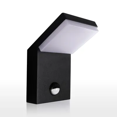 A black outdoor LED wall light with a motion sensor, shown against a white background.