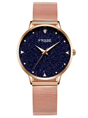 Produktbild von Alienwork Damen-Armbanduhr Quarz rose-gold mit Metall Mesh Armband Edelstahl schwarz echtes Marmor Zifferblatt
