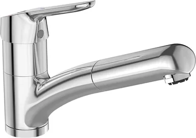 A studio shot of a chrome kitchen faucet against a white background.