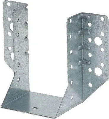 A metal joist hanger is shown against a white background.