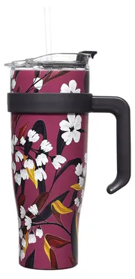 Zdjęcie produktu dla KUBEK TERMICZNY z uchwytem i słomką Fleur 1,2L różowy
