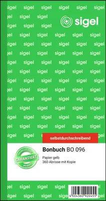 Produktbild von SIGEL BO096 Bonbuch, 360 Abrisse, gelb, 105x200 mm, selbstdurchschreibend, 2 x 60 Blatt