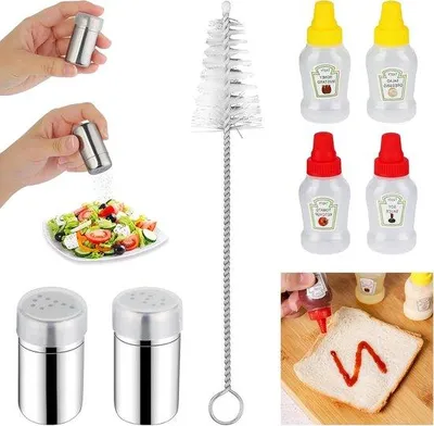 Produktbild von Kochsalz- und Pfefferstreuer-Set aus 2 - Mini-Salzgefäße mit Löchern 5 ml - Edelstahl - inklusive Deckel - Set aus 4 Saucenflaschen 23 ml - Kräuterstreuer für Bento Box und Camping