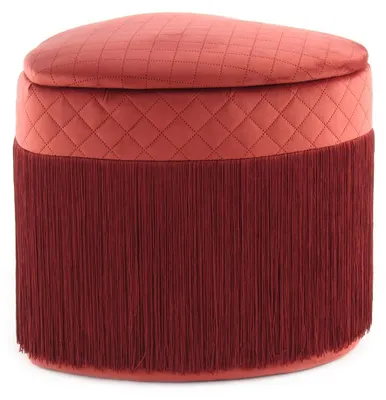 Immagine prodotto di Pouf a forma di cuore con spazio contenitore, dimensioni 43 x 48 x 42 cm, colore bordeaux, rivestito in velluto di poliestere, con frange