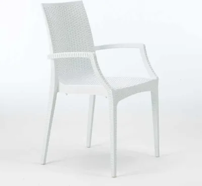 A white plastic chair with armrests on a white background.