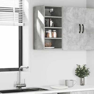 A modern kitchen scene with a concrete-effect cabinet and a sink.