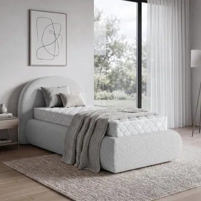 Produktbild von BEAUTYSOFA | Polsterbett MOTTI 90x200 cm - Einzelbett mit Bettkasten & Matratze MEDIRO FORM H2 und gepolstertem Kopfteil - Bouclé Hellgrau