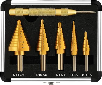 Produktbild von Stufenbohrer-Set, 5-teilig, titanbeschichtet mit automatischem Körner – kurze Länge, doppelte Schneidklingen, Schnellarbeitsstahl – deckt 50 Größen ab, komplett mit Aluminiumkoffer