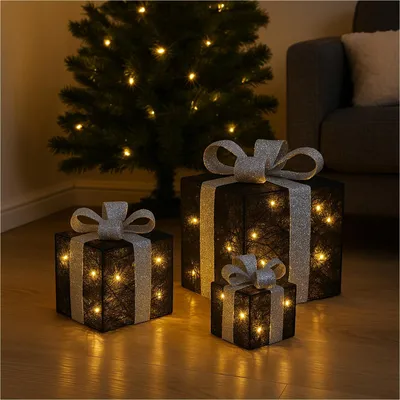 Produktbild von 3er Set LED Geschenkboxen warmweiß Timer Batterie schwarz silber