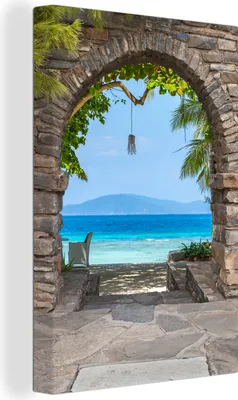 Produktbild von OneMillionCanvasses® - Leinwandbilder - 90x140 cm, Strand - Meer - Tropisch - Sommer - Aussicht, - Geöffnetes Fenster - Fensterblick Schlafzimmer Kunstdruck Wanddekoration - Foto auf Leinwand - Gemälde auf Holzrahmen  - Wandschmucke - Schlafzimmer
