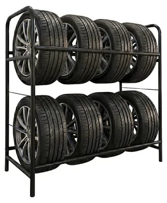 Obrázok produktu pre Relaxdays Stojan na pneumatiky pre 8 pneumatík, VxŠxH: 106 x 106 x 46 cm, nosnosť 200 kg, oceľ, 2 police, stojan na kolesá, skladovanie pneumatík, čierny