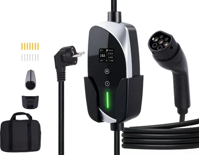Obrázek produktu pro SucceBuy Mobile Wallbox, 3,6 kW, 16 A, nabíjecí stanice typu 2, jednofázová nabíječka s kabelem 6 m, zástrčka Schuko (16 A), LCD displej, řídicí jednotka IP66, napájení pro elektromobily