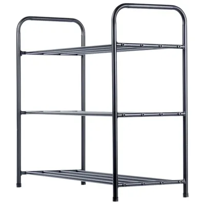 A black metal shoe rack with three shelves.