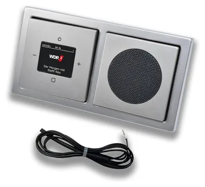 Produktbild von Busch Jäger DAB+ (DAB PLUS) Unterputz Radio 8215U-101 PUR Edelstahl, Set mit Lautsprecher, Abdeckungen und Rahmen + 0,9 m EBROM Wurfantenne zur Empfangsoptimierung - 8215 U – 101