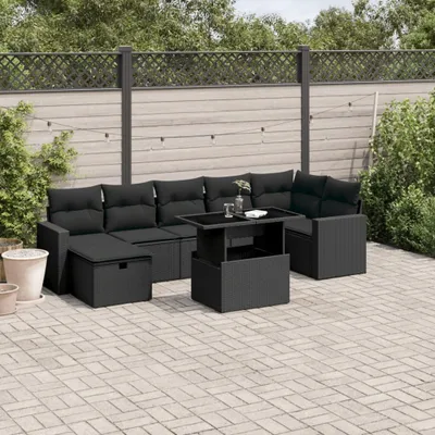 Produktbild von Design 8-tlg. Garten-Sofagarnitur mit Kissen Schwarz Poly Rattan, Gartenmöbel-Sets 2024 Neu