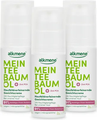 Produktbild von alkmene Mein Teebaumöl Gesichtscreme 3x 50 ml Pickel Reduktion 91% bestätigt - vegan & klimaneutral - Creme für Pickel