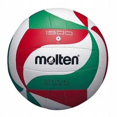 A Molten volleyball with red, white, and green panels is shown against a white background.