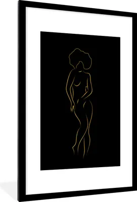 Produktbild von MuchoWow® Gerahmtes Poster Frau - Gold - Schwarz - Strichzeichnung 60x90 cm - Poster mit Schwarzem Bilderrahmen Wandposter Rahmen Foto Bilder - Dekoration - Wandposter Wohnzimmer - Hochwertig