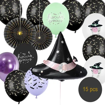 15-teiliges Halloween Party-Set mit großem Hexenhut-Folienballon, Fledermaus-Ballons, Motivballons und zwei Rosetten.