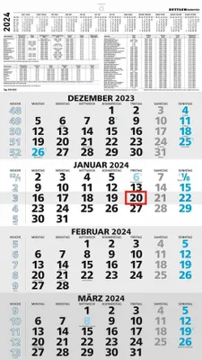 Produktbild von 4-Monatskalender blau 2024 - 33x58,8 - mit Kopftafel - Datumsschieber -    959-0015-1
