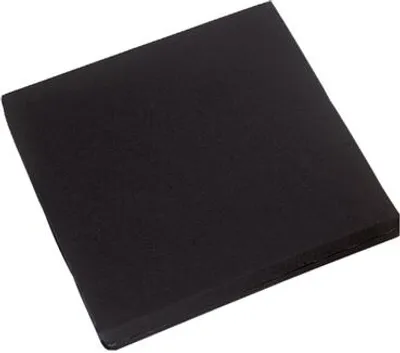 A black square cushion is shown from a slightly elevated angle against a white background.