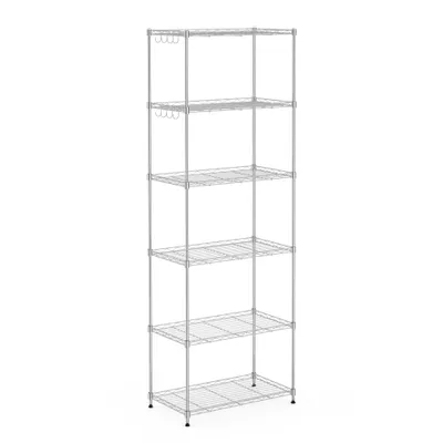 A tall, silver, five-shelf wire shelving unit is shown against a white background.