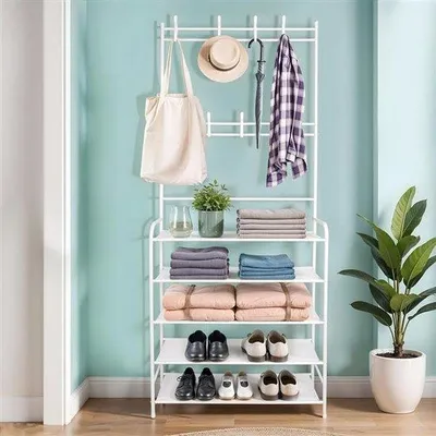 Obrázok produktu pre Uniqoos® Stojan na oblečenie – samostatný biely stojan s 5 policami na topánky (pre až 16 párov) a 8 háčikmi, rozmer 80×25×170 cm, oceľové rúrky s plastovým povrchom