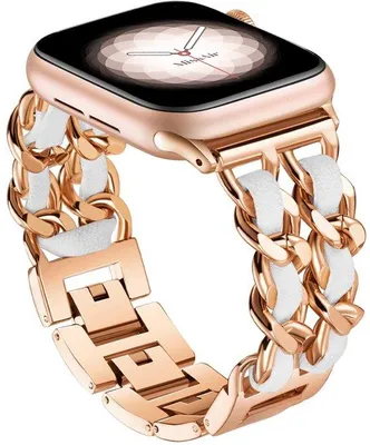 Produktbild von FFO2World Leder- und Metallarmband für Apple Watch 38–42 mm (Serie 1–11 & SE) – Verstellbares Gliederarmband mit Echtleder-Details – Roségold/Weiß