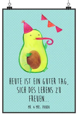 Produktbild von Mr. & Mrs. Panda Bild Avocado Party DIN A2 - Türkis Pastell - Geschenk, Geburtstag, Avocados, Happy Birthday, wanddeko, Wandbild, Kunstdruck, drucke, Plakat