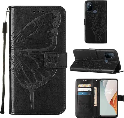 Produktbild von OnePlus Nord N100 Hülle, Schmetterling Prägung Flip Leder Kartenfächer Schutzhülle Ledertasche mit Ständer für OnePlus Nord N100 Schwarz