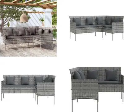 Image de vidaXL Canapé en L avec coussins en poly rotin gris - Canapé de jardin - Canapés de jardin - Canapé - Canapé de jardin