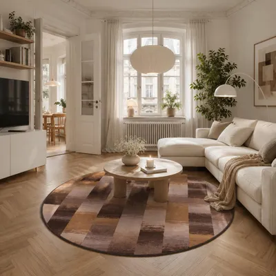 Produktbild von Designer Velour Teppich Mystic Karo Braun Rund, Größe:200 cm Rund