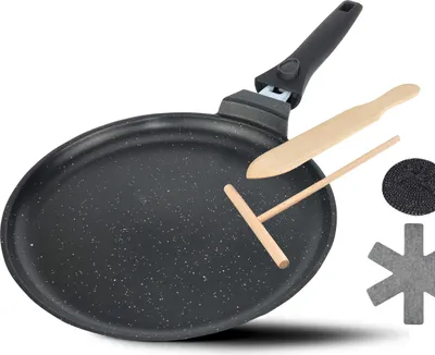 Produktbild von DIVORY Crepe Pfanne Induktion 28 cm, Pfannkuchenpfanne mit Teigverteiler und Holzschaufel, Induktion beschichtet, Palatschinken