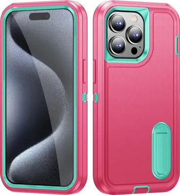 Immagine prodotto di Custodia per iPhone 15 Pro Hybrid a tre strati robusta custodia protettiva antiurto con supporto rosa