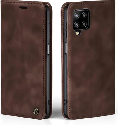 A brown flip cover phone case shown from the front and back.
