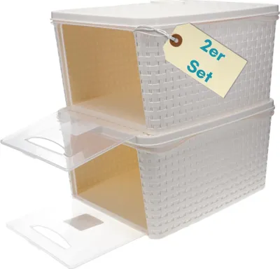 Produktbild von 2er Set Aufbewahrungsbox mit Deckel Weiß Frontöffnung Schrank Organizer Stapelbox Kleiderschrank Korb mit Deckel Aufbewahrung Badezimmer Rattan Optik
