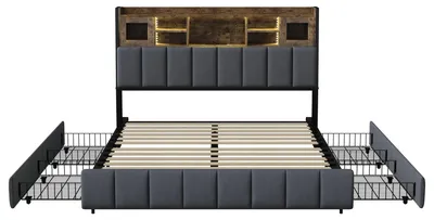 Obrázek produktu pro Postel z lnu – Dvoulůžko – Postel s úložným prostorem – Rám postele se zásuvkami – Postel s čelem – 140x200 cm