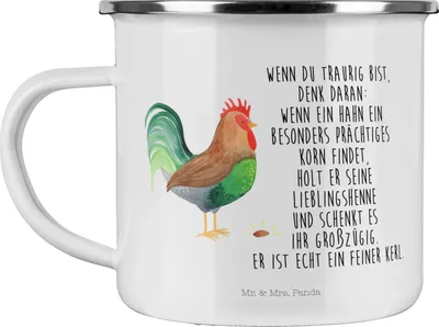 Produktbild von Mr. & Mrs. Panda Emaille Tasse Hahn Korn - Weiß - Geschenk, Eier, Bauernhof, metallbecher, Haferl, Henne, Natur, Pott, Teetasse, emaillebecher