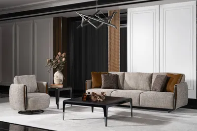 Produktbild von Wohnzimmer Set aus Holz und Textil in Grau und Braun modern