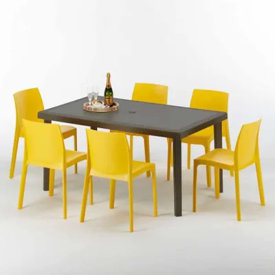 Produktbild von Polyrattan Tisch Rechteckig mit 6 Bunten Stühlen 150x90 Braun Focus
